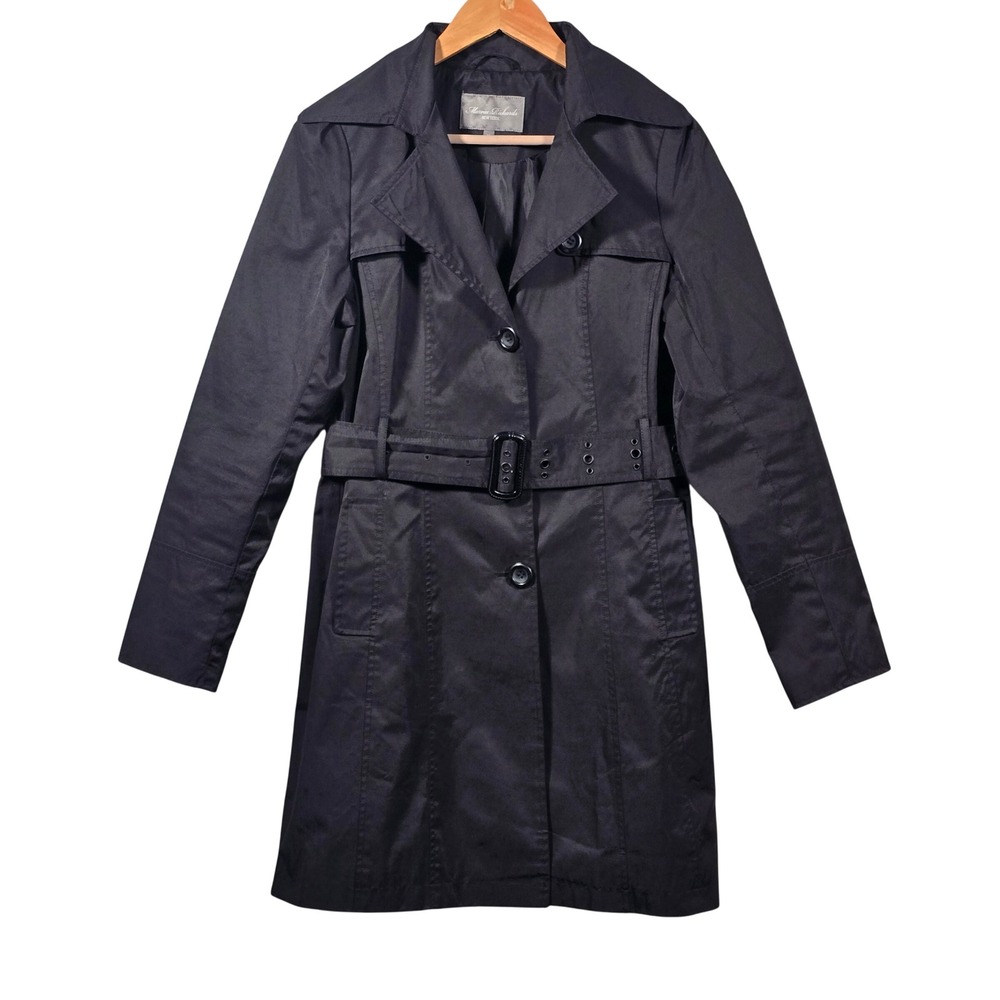 Marvin Richards Trench Coat Womens Size M Black Belted Button Front Jacket